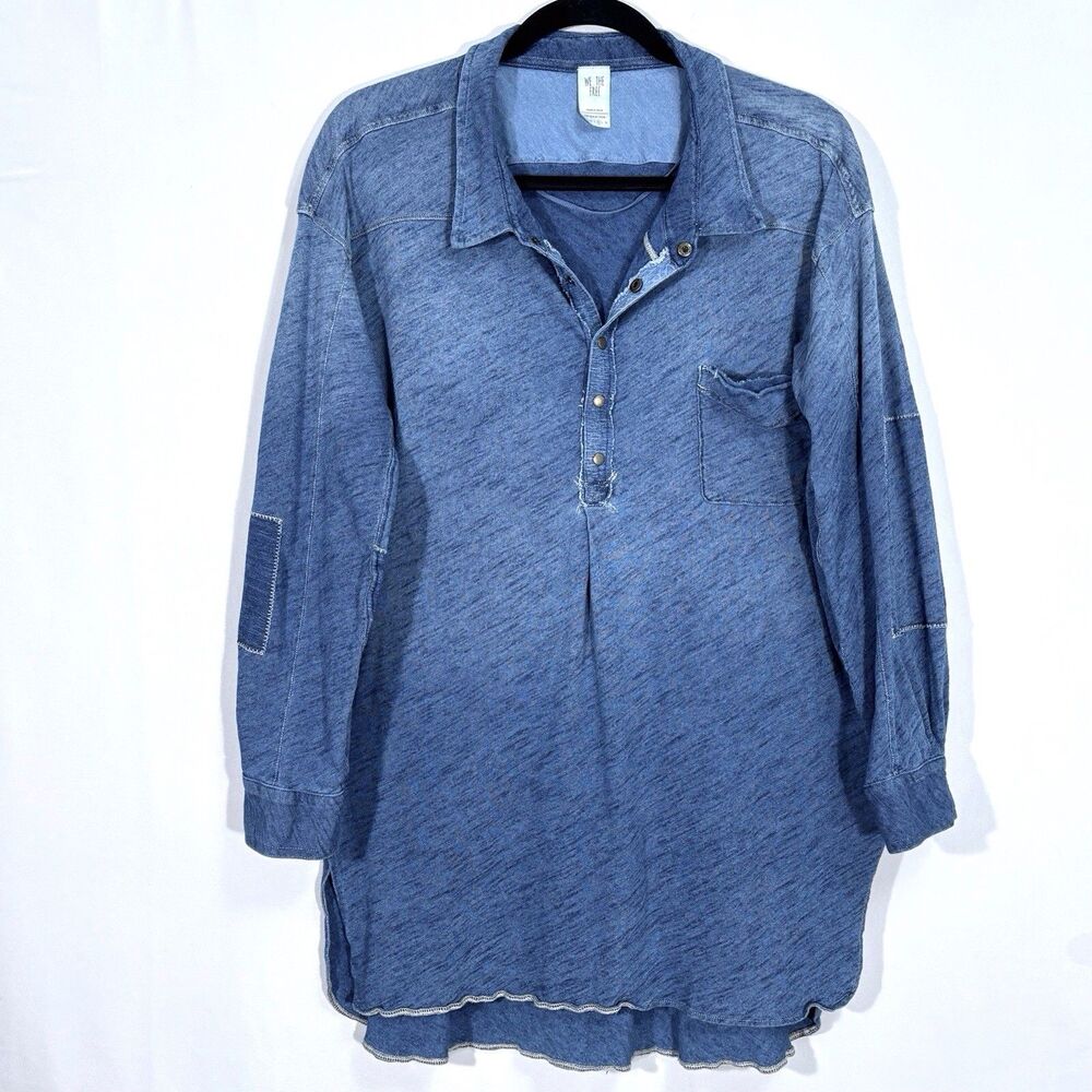 Free People We The Free Love This Henley Tunic Medium Indigo Blue Patchwork Boho